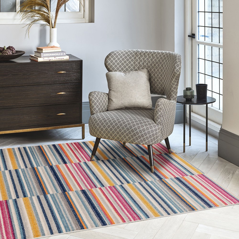 Muse MU06 Geometric Striped Woven Rugs in Pink Multi